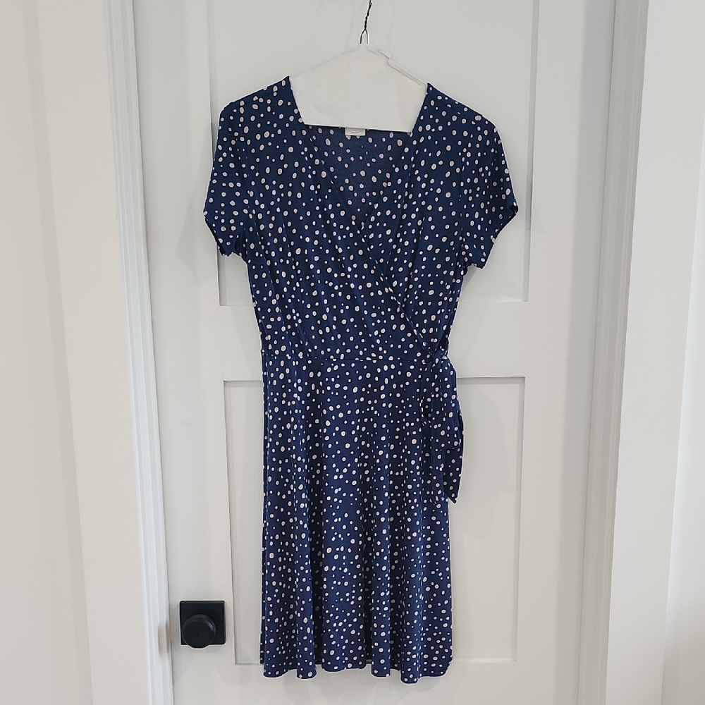 Navy Polka Dot Faux Wrap Dress